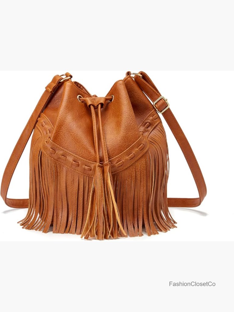 Vintage Faux Leather Bucket Crossbody Bag With Fringe Tassel And Drawstring
